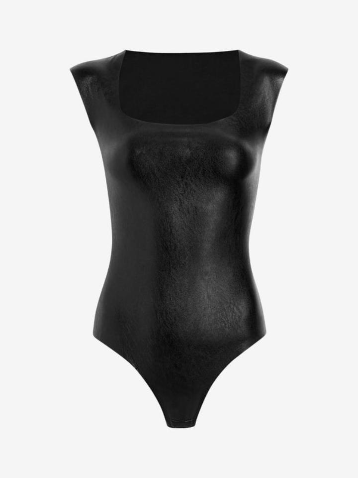 Commando - Faux Leather Cap Sleeve Bodysuit - Black