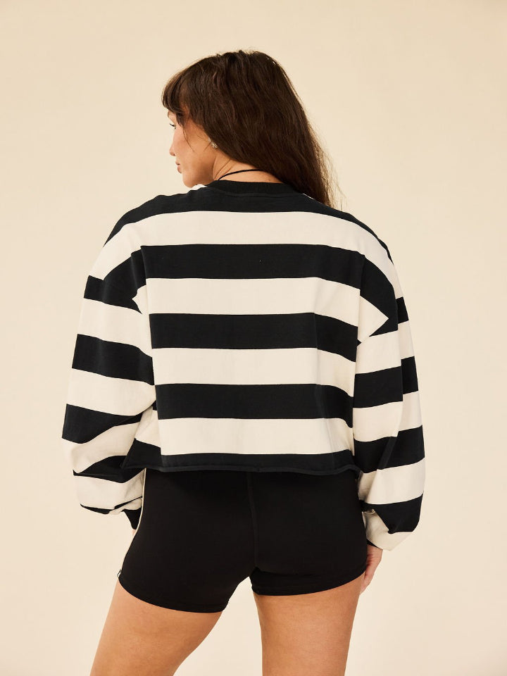Strut This - Oxford Long Sleeve - Black and White Stripe - Pilates Plus La Jolla - OHEY Boutique