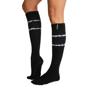 ToeSox - Full Toe Scrunch Knee High Grip Socks - Black Tie Dye Stripe