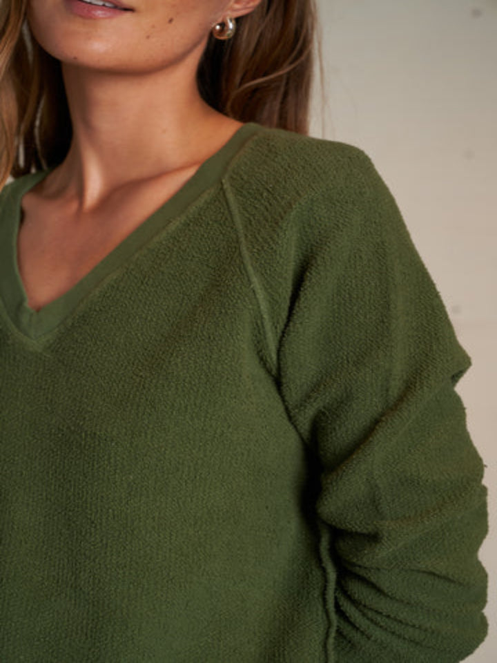 perfectwhitetee - Zuri Reverse Fleece V Neck Sweater - Fern Green - Pilates Plus La Jolla - OHEY Boutique